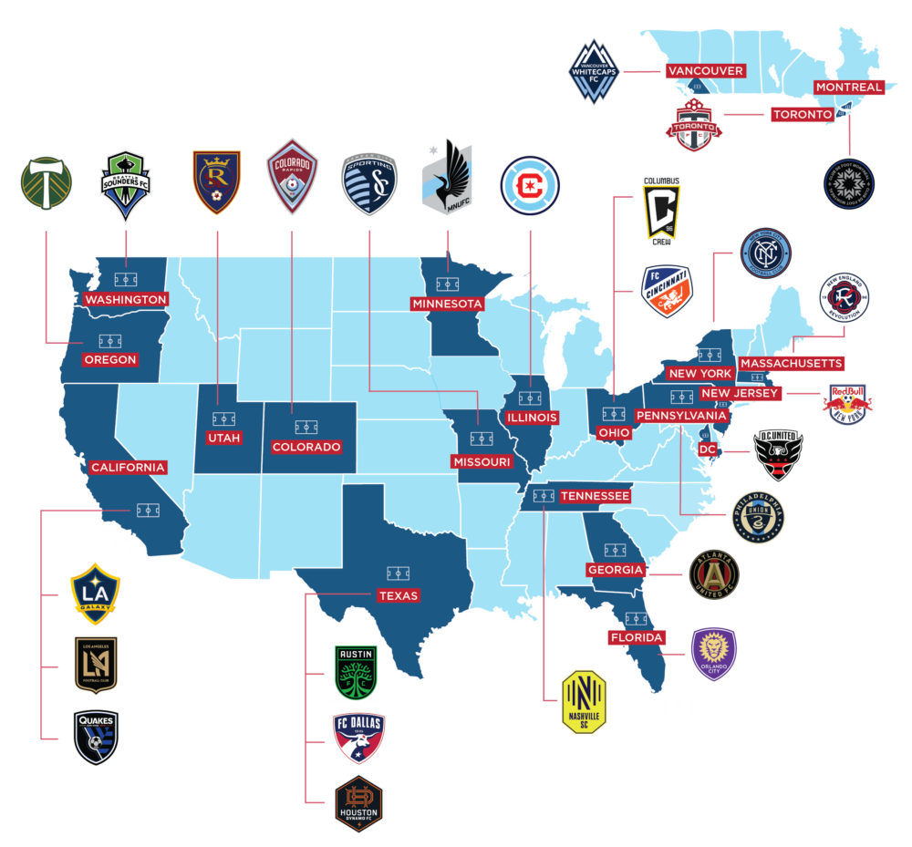 Map of the USA and Canada with the MLS Club logos in each MLS Club city